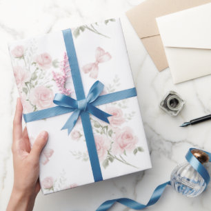 Pink Bows Roses Floral Bridal Shower Wrapping Paper