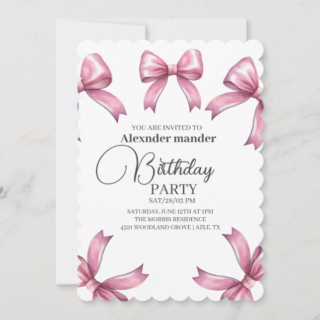 Pink Bows Trendy Girl Birthday Party Invitation (Front)