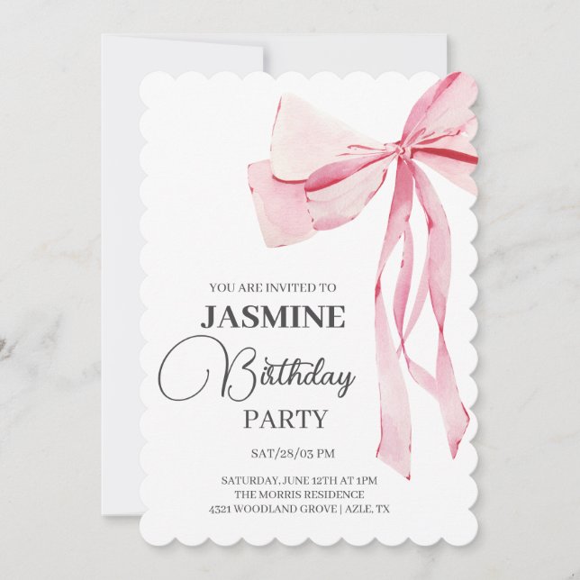 Pink Bows Trendy Girl Birthday Party Invitation (Front)