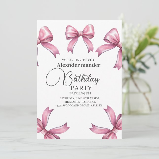 Pink Bows Trendy Girl Birthday Party Invitation (Standing Front)