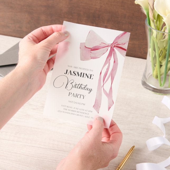 Pink Bows Trendy Girl Birthday Party Vellum Invitations (Handheld)
