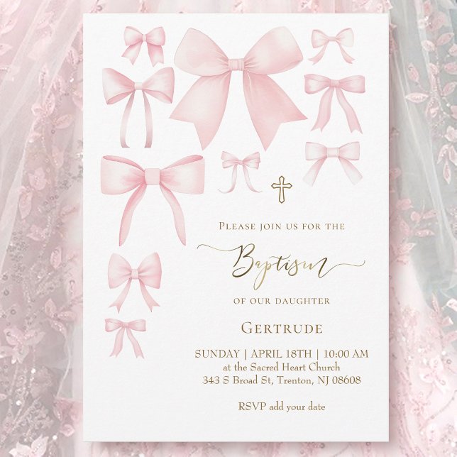 pink bows white background baby girl Baptism Invitation (Creator Uploaded)