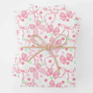 Pink Bows with Pink & Green Dots Wrapping Paper Sheet