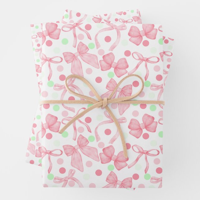 Pink Bows with Pink & Green Dots Wrapping Paper Sheet (In situ)