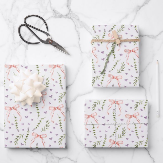 Pink Bows Wrapping Paper, Birthday Shower Gift Paper Sheet (Front)