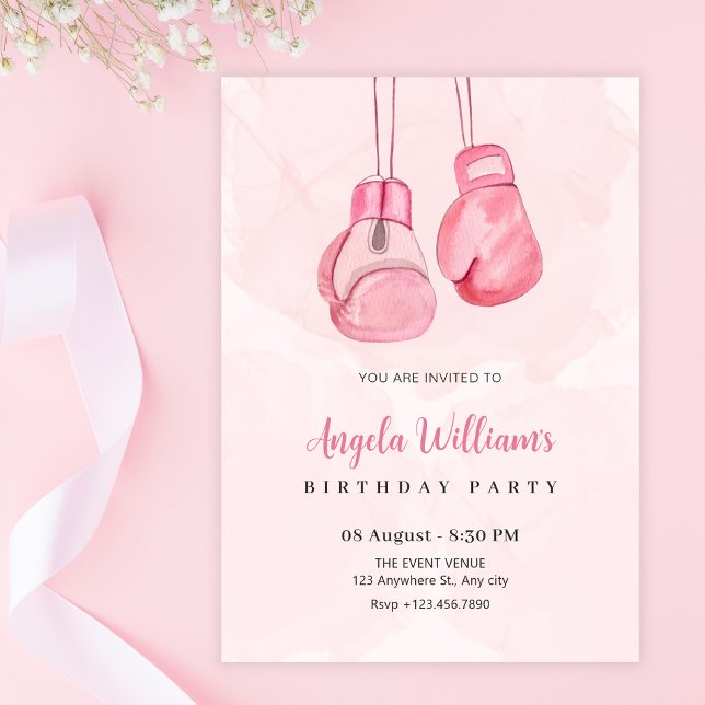 Pink boxing gloves birthday invitation (Creator Uploaded)