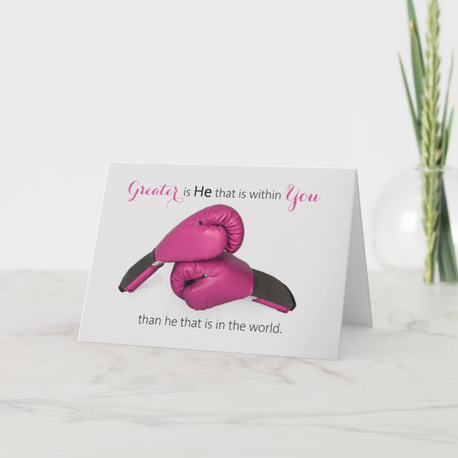 Pink Boxing Gloves Scripture Cancer Encouragement Card (Front)