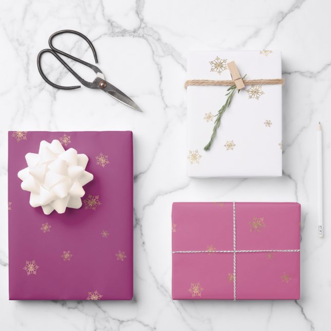 Pink Boysenberry Christmas Gold Snowflakes Wrapping Paper Sheet (Front)