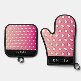 Pink Breakfast Fried Eggs Name Oven Mitt & Pot Holder Set