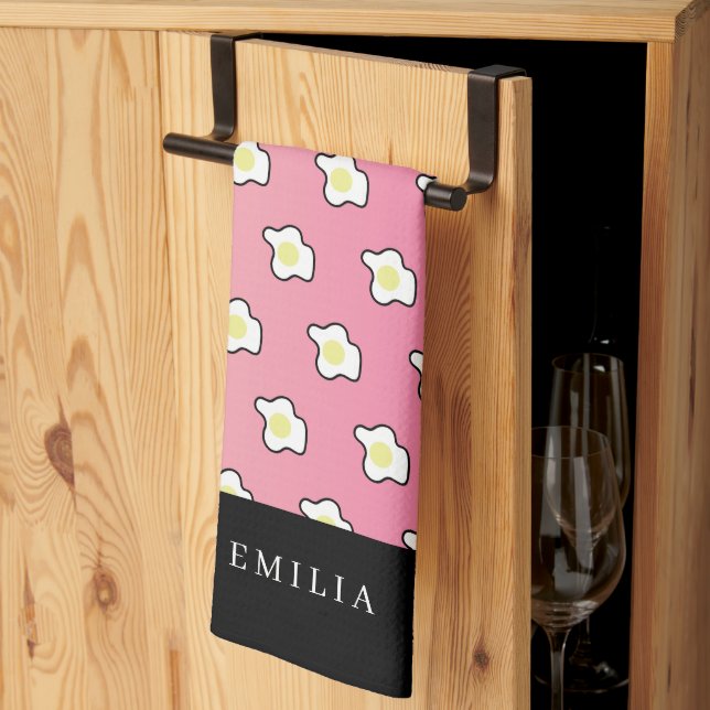 Pink Breakfast Fried Eggs Name Tea Towel (Thirds Fold)