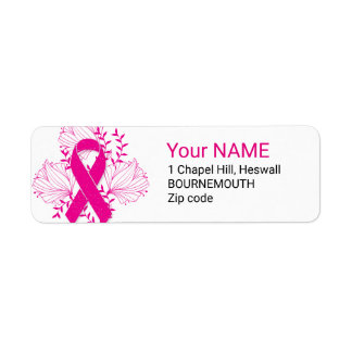 Pink Breast Cancer awareness ribbon flower outline Return Address Label