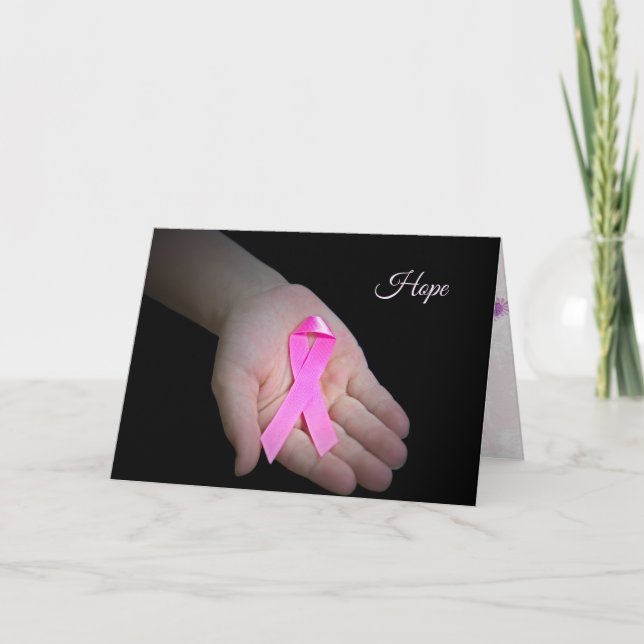pink breast cancer ribbon in girl's hand card (Front)