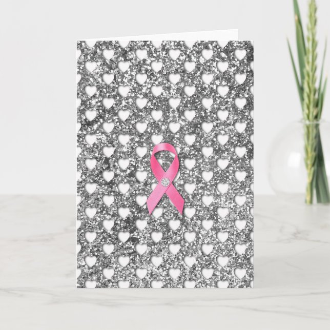 Pink Breast Cancer Ribbon Silver Glitter Look Card (Front)
