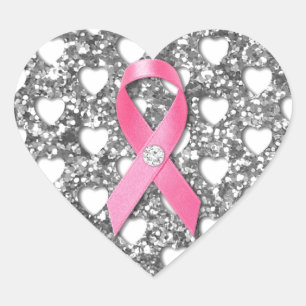 Pink Breast Cancer Ribbon Silver Glitter Look Heart Sticker