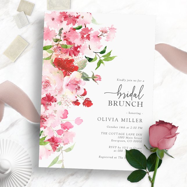 Pink Bridal Brunch Invitation (Red Pink Bridal Brunch Invitation - Watercolor Floral)