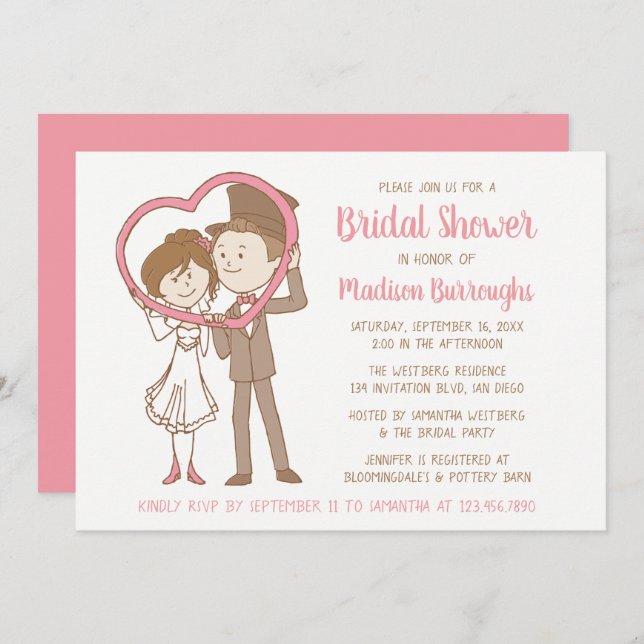 Pink Bridal Shower Cartoon Brown Bride Groom Heart Invitation (Front/Back)