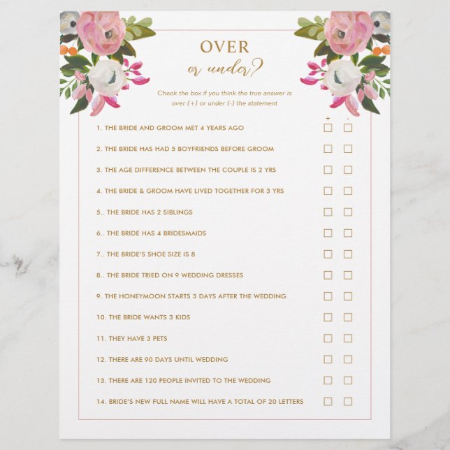 Pink Bridal Shower Game Over or Under (Front)