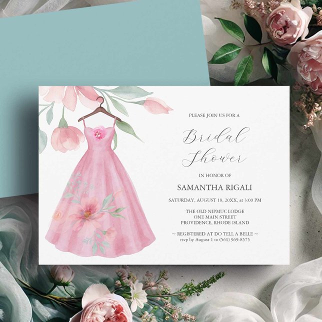 Pink Bridal Shower Invitations Love is in Bloom (Invitations bridal shower pink flowers and dress watercolor by Victoria Grigaliunas Do Tell A Belle)
