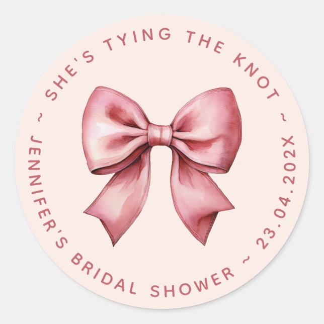Pink Bridal Shower Red Bow She's Tying the Knot Classic Round Sticker (Front)