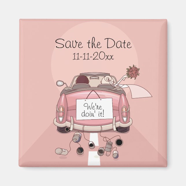 Pink Bride and Groom Getaway car "Save the Date" Magnet (Front)