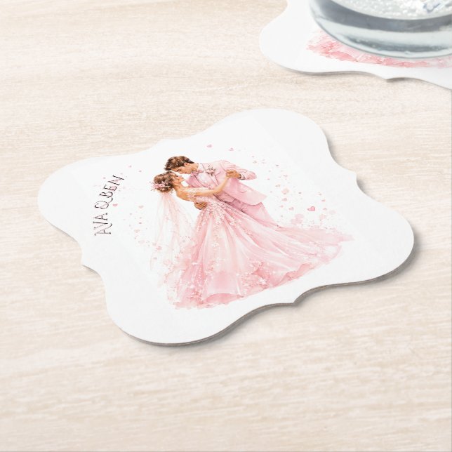 Pink Bride & Groom Dancing Wedding Paper Coaster (Angled)