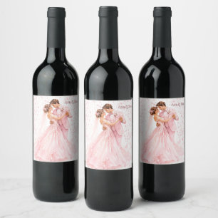 Pink Bride & Groom Dancing Wedding Wine Label