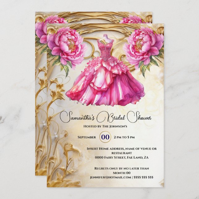 Pink bride to be floral ballgown peony flowers invitation (Front/Back)