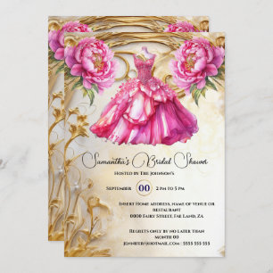 Pink bride to be floral ballgown peony flowers invitation