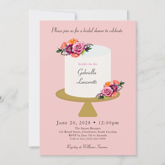 Pink Bright Floral Cake Bridal Shower Invitation (Front)
