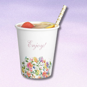 Pink Bright Roses Lilac Floral Bridal Shower Paper Cups