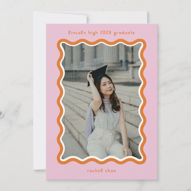 Pink Bright Squiggles Graduation Announcement Card (Front)