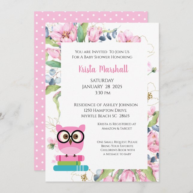 Pink Bring  Book Owl Floral Baby Shower Invitation (Front/Back)