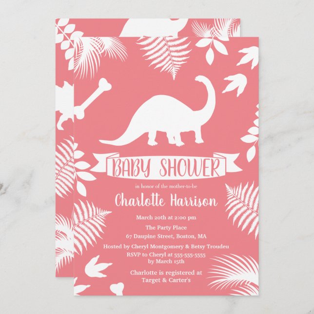 Pink Brontosaurus Dinosaur Baby Shower Invitation (Front/Back)