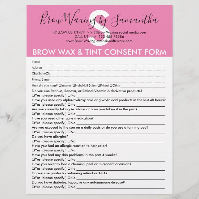 Pink Brow Wax Tint Customer Consent Waiver Form Flyer (Front)