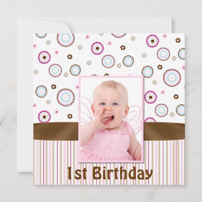 Pink & Brown Babys Photo First Birthday Invitation (Front)