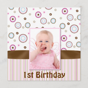Pink & Brown Babys Photo First Birthday Invitation