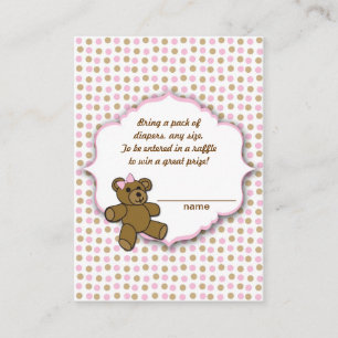 Pink Brown Bear Baby Shower diaper raffle tickets Enclosure Card