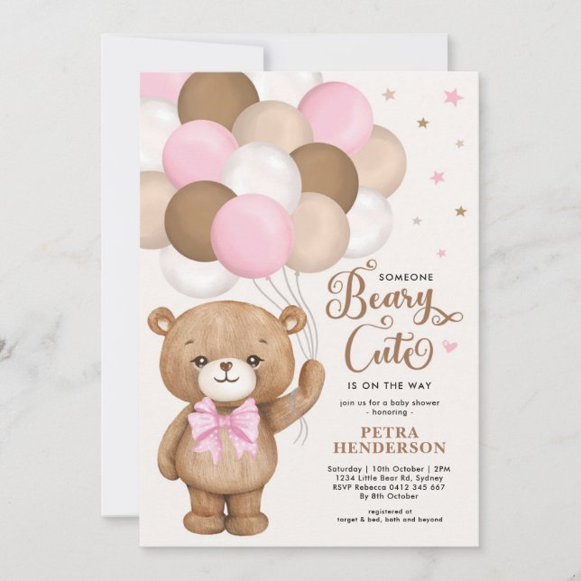 Pink Brown Beary Cute Teddy Bear Girl Baby Shower Invitation (Front)