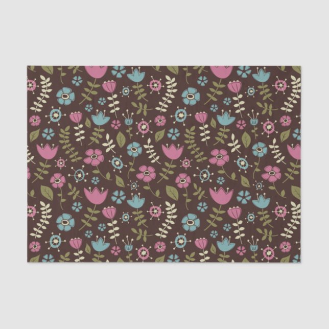 Pink Brown & Blue Whimsical Flowers Nature Pattern Tissue Paper (Front)