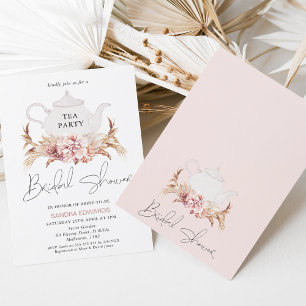 Pink Brown Boho Floral Tea Party Bridal Shower Invitation