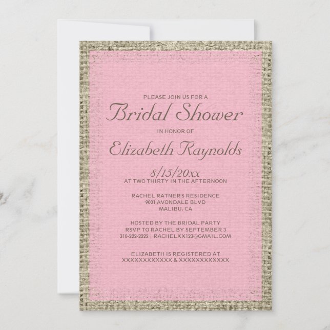 Pink & Brown Burlap Bridal Shower Invitations (Front)