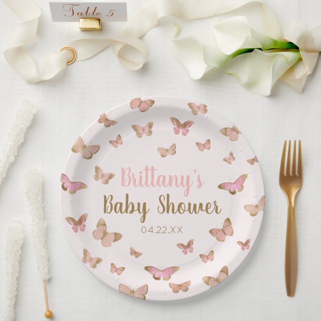 Pink Brown Butterfly Themed Baby Shower  Paper Plate (Wedding)