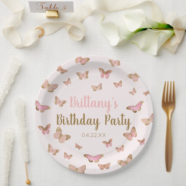 Pink Brown Butterfly Themed Birthday Party Paper Plate (Wedding)