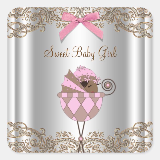 Pink Brown Carriage Baby Shower Label (Front)