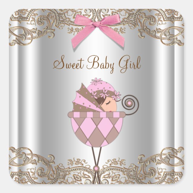 Pink Brown Carriage Baby Shower Label (Front)