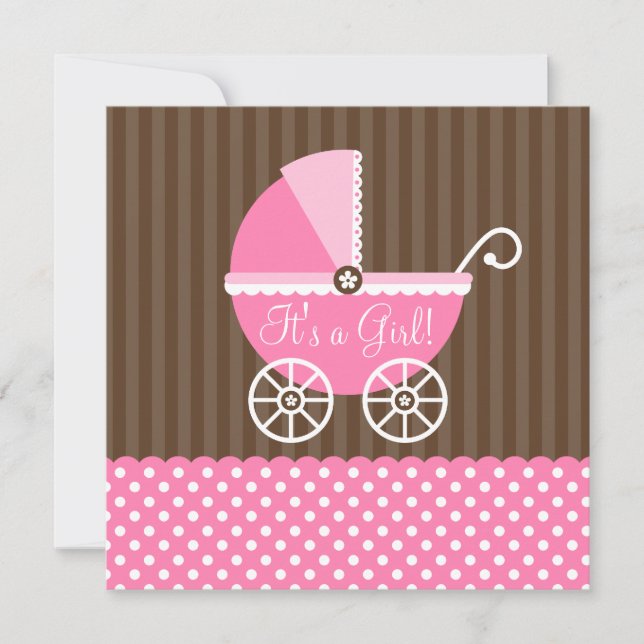 Pink Brown Carriage Dots Girl Baby Shower Invitation (Front)