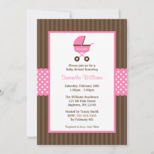 Pink Brown Carriage Striped Dots Baby Shower Invitation
