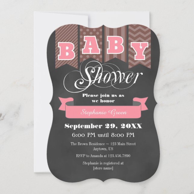 Pink Brown Chalkboard Flag Baby Shower Invite (Front)
