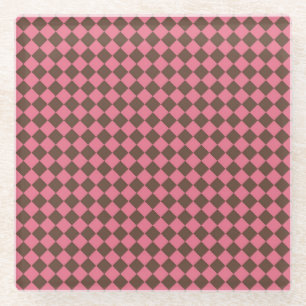 Pink Brown Checker Diamond Pattern Glass Coaster