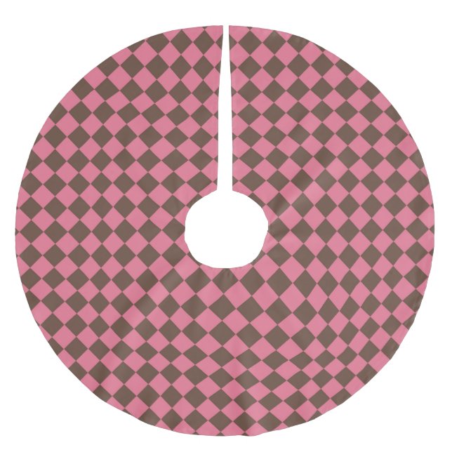 Pink Brown Chequered Diamond Pattern Brushed Polyester Tree Skirt (Front)